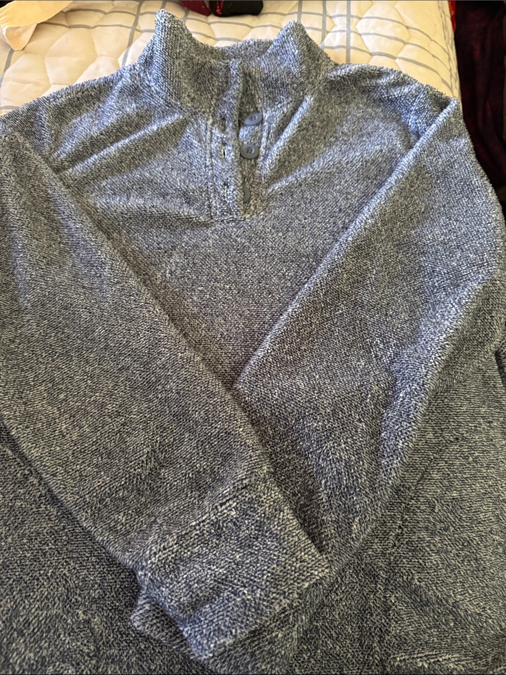 Eddie Bauer Women’s Heather Navy and Grey Button-Neck Knit Sweater
